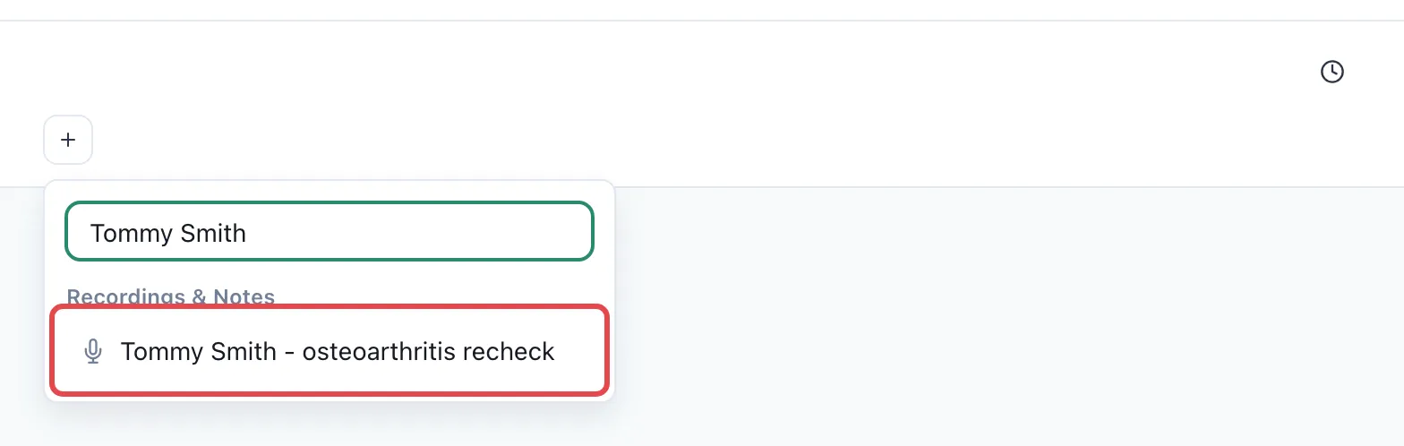 The Add source search showing Tommy Smith’s osteoarthritis recheck, outlined in red