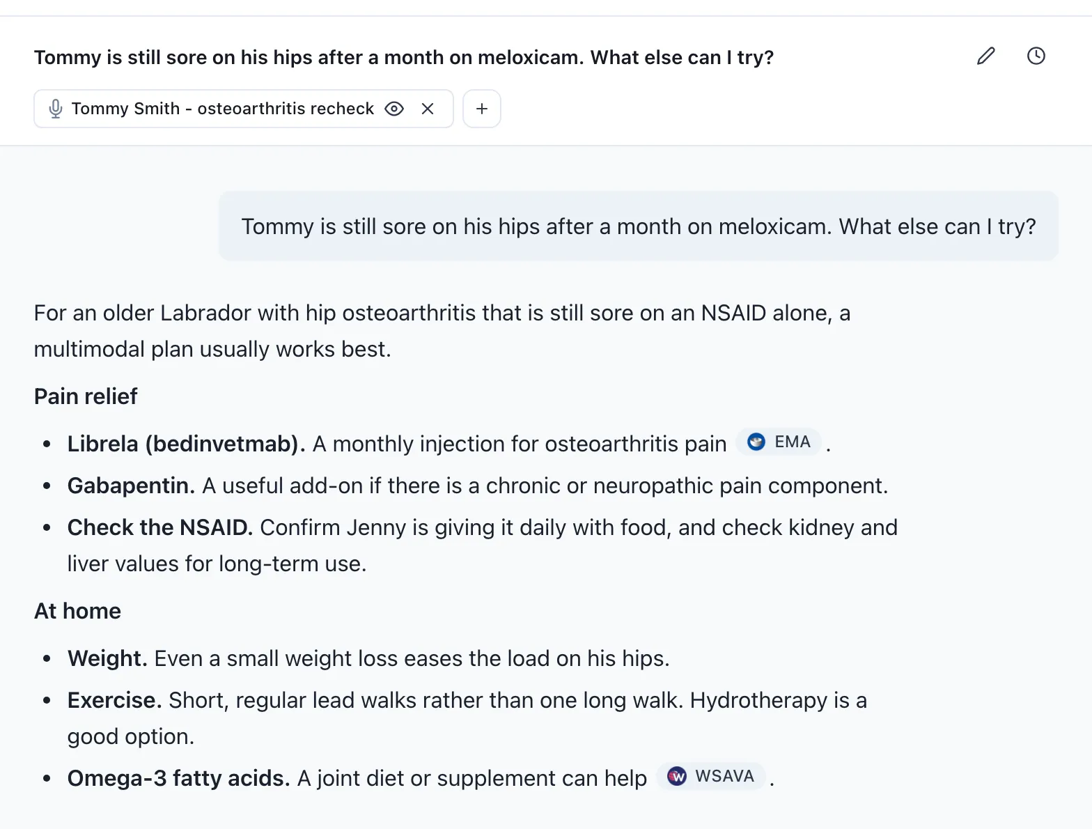 A Clinical AI conversation about Tommy’s osteoarthritis, using his recheck recording as a source
