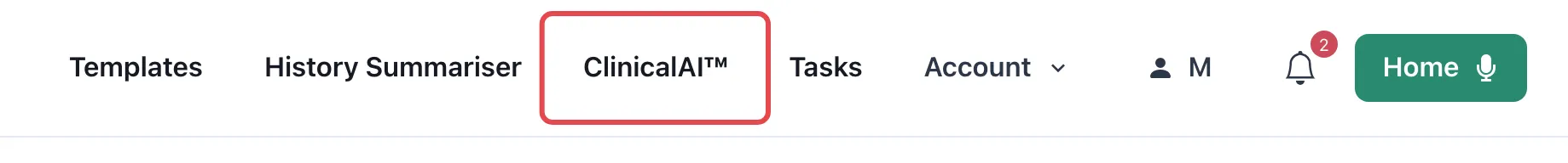 The VetNotes menu bar with ClinicalAI™ outlined in red