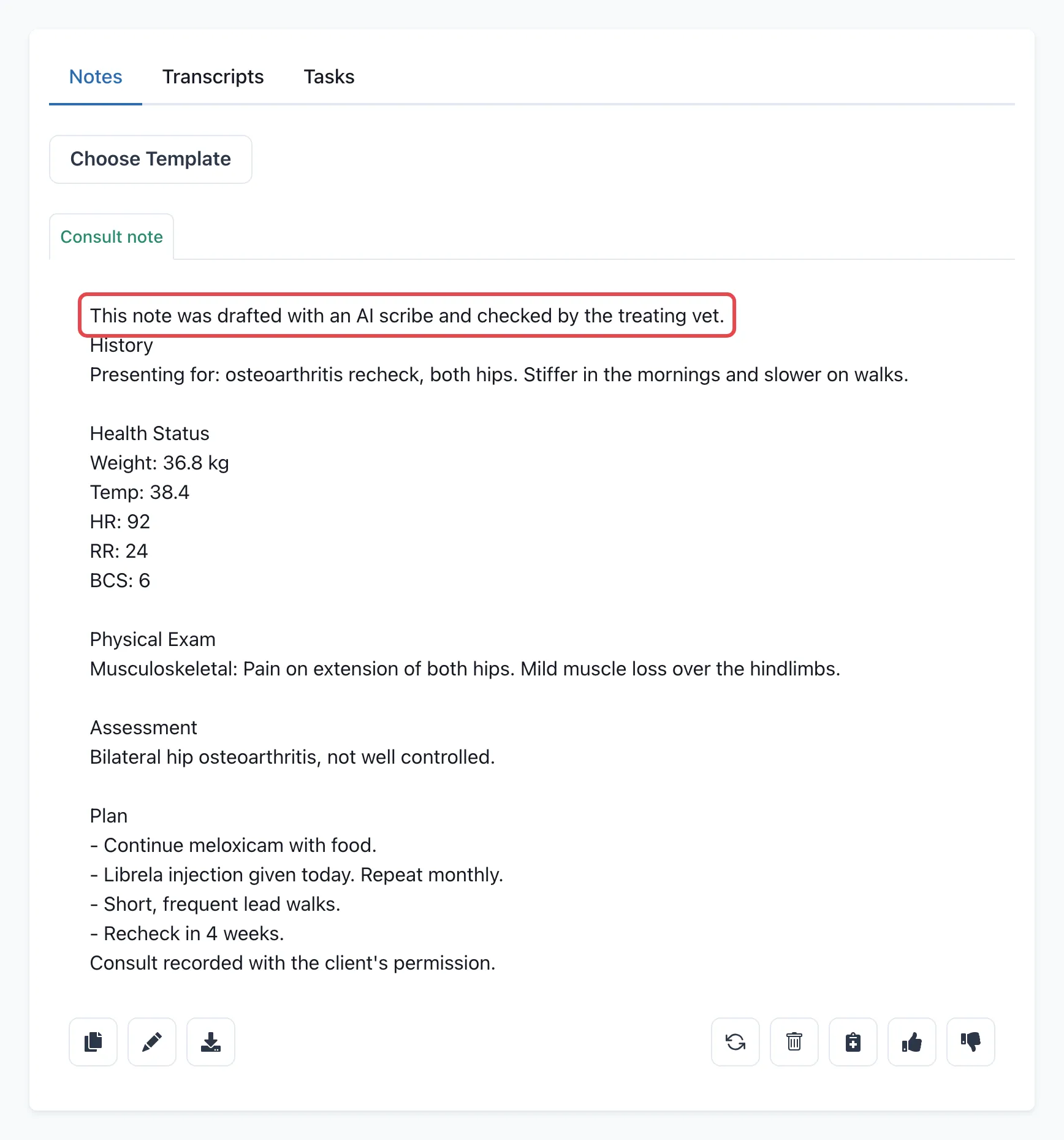 Tommy’s consult note with the phrase at the top outlined in red, and a second phrase on the last line