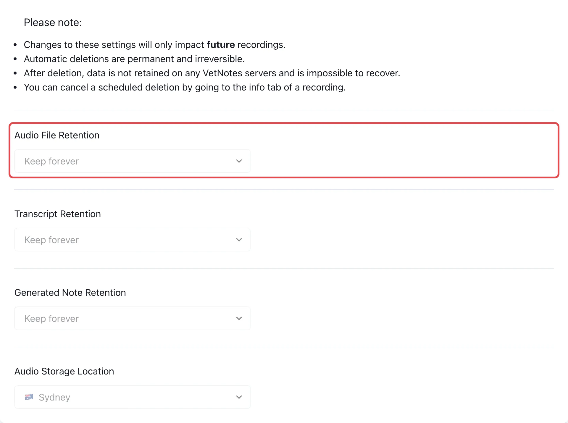 The Security settings page with Audio File Retention outlined in red
