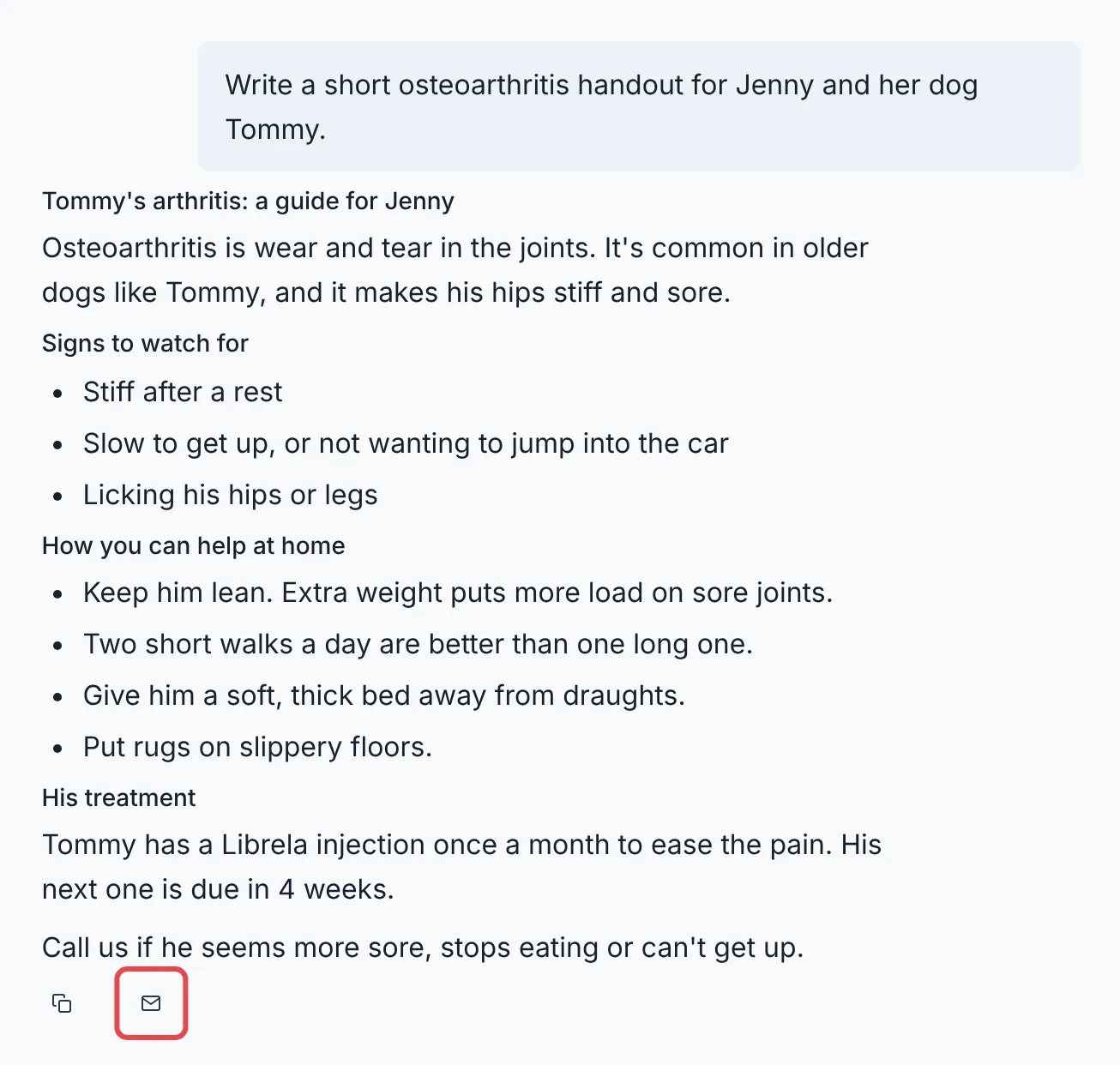 A Clinical AI osteoarthritis handout for Jenny with the email icon outlined in red