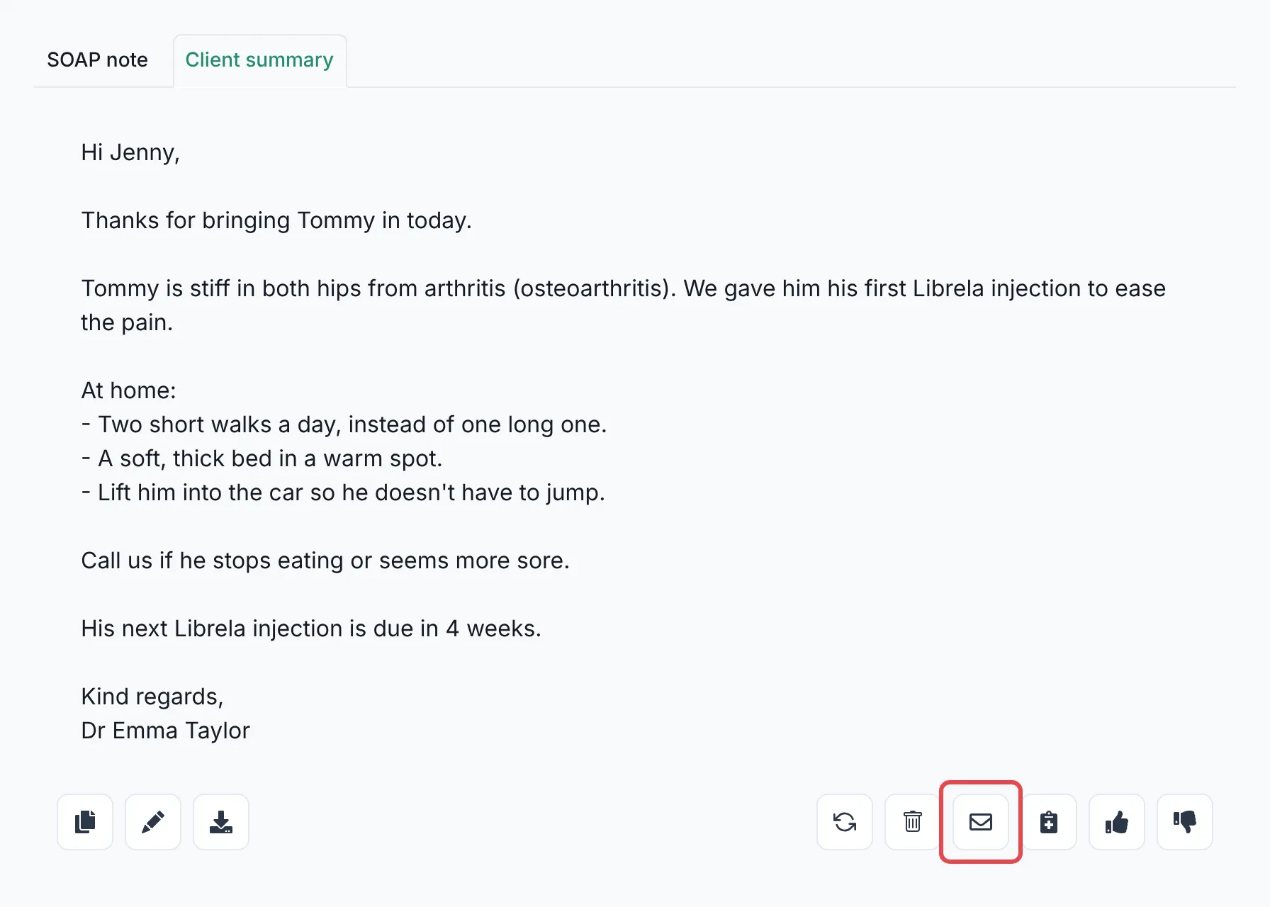 A client summary note for Tommy with the email button outlined in red