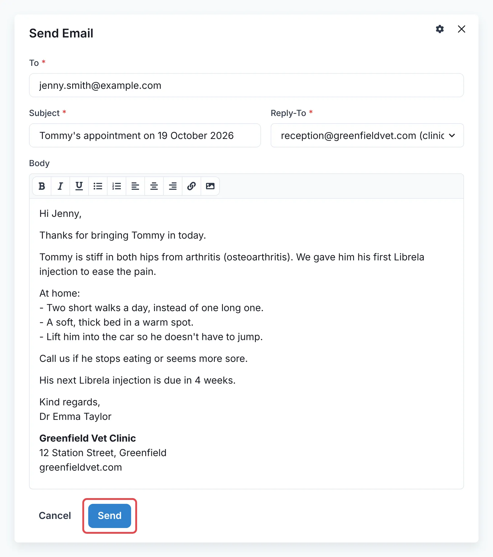 The Send Email window filled in for Jenny, with the Send button outlined in red