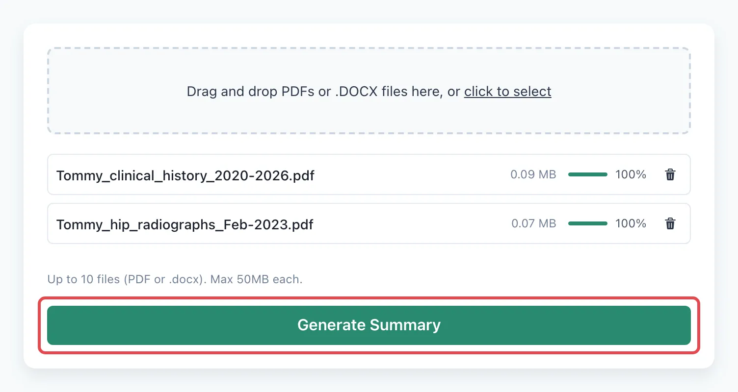 Two of Tommy’s records uploaded, with the Generate Summary button outlined in red