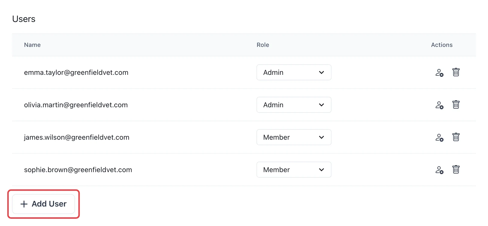 A clinic’s Users list with the Add User button outlined in red