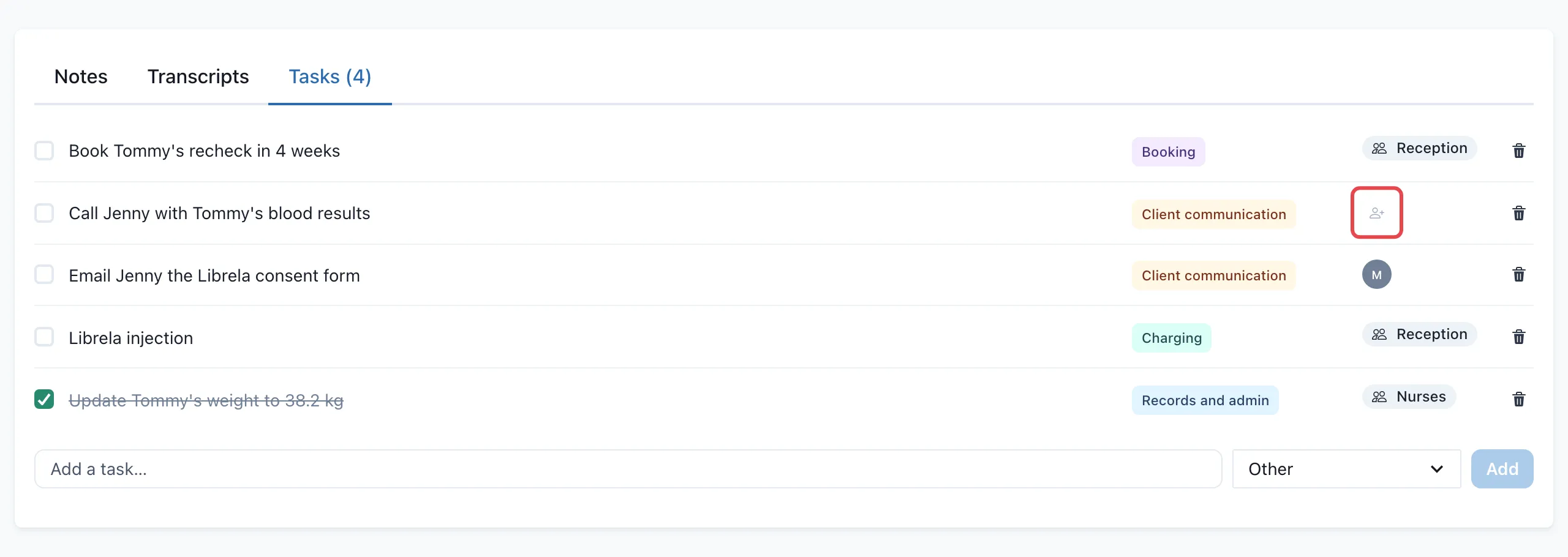 Tommy’s tasks with the person icon for “Call Jenny with Tommy’s blood results” outlined in red