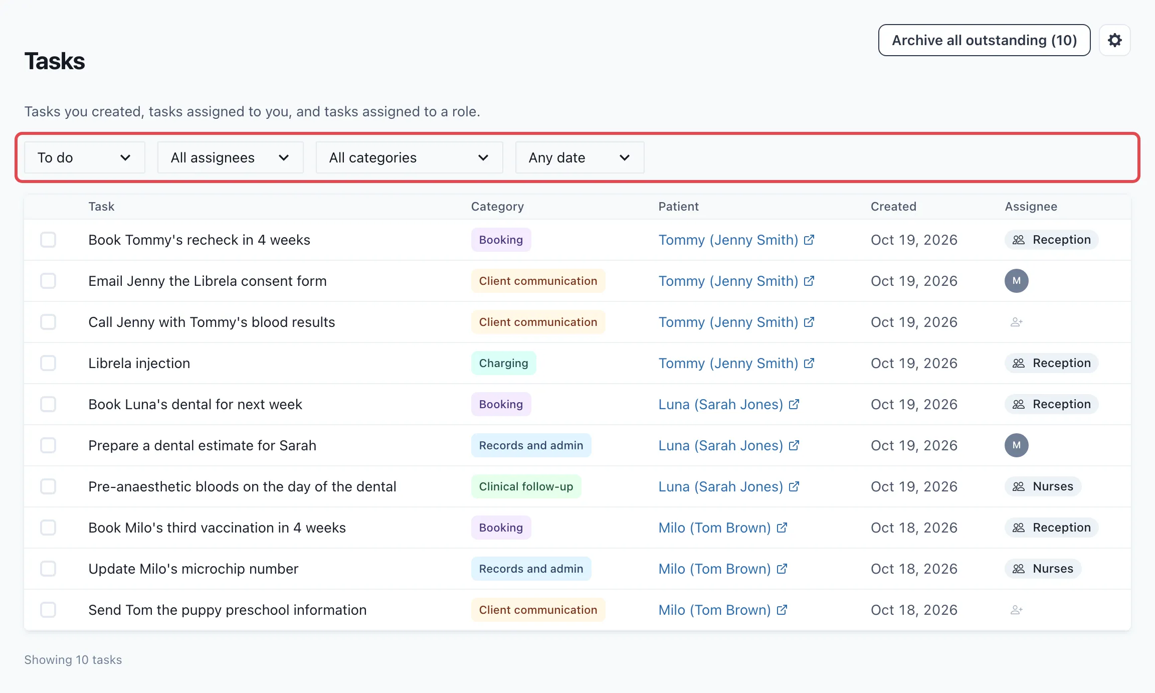 The Tasks page with the filters outlined in red