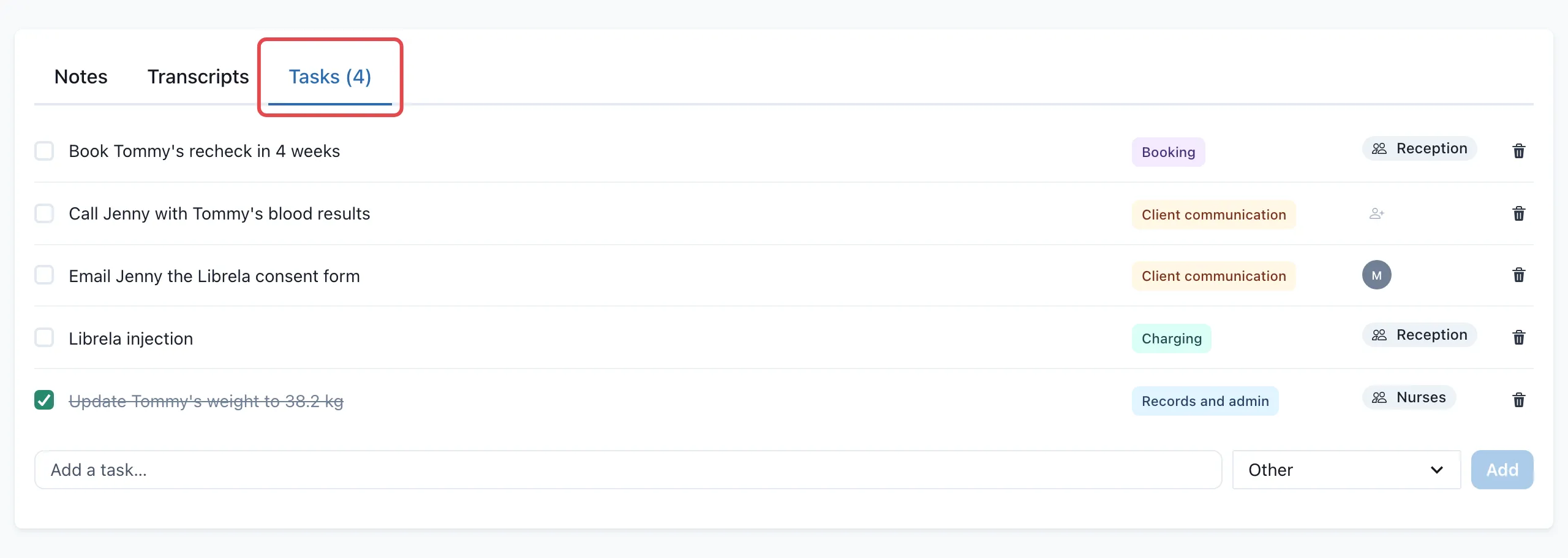 Tommy’s recording with the Tasks (4) tab outlined in red