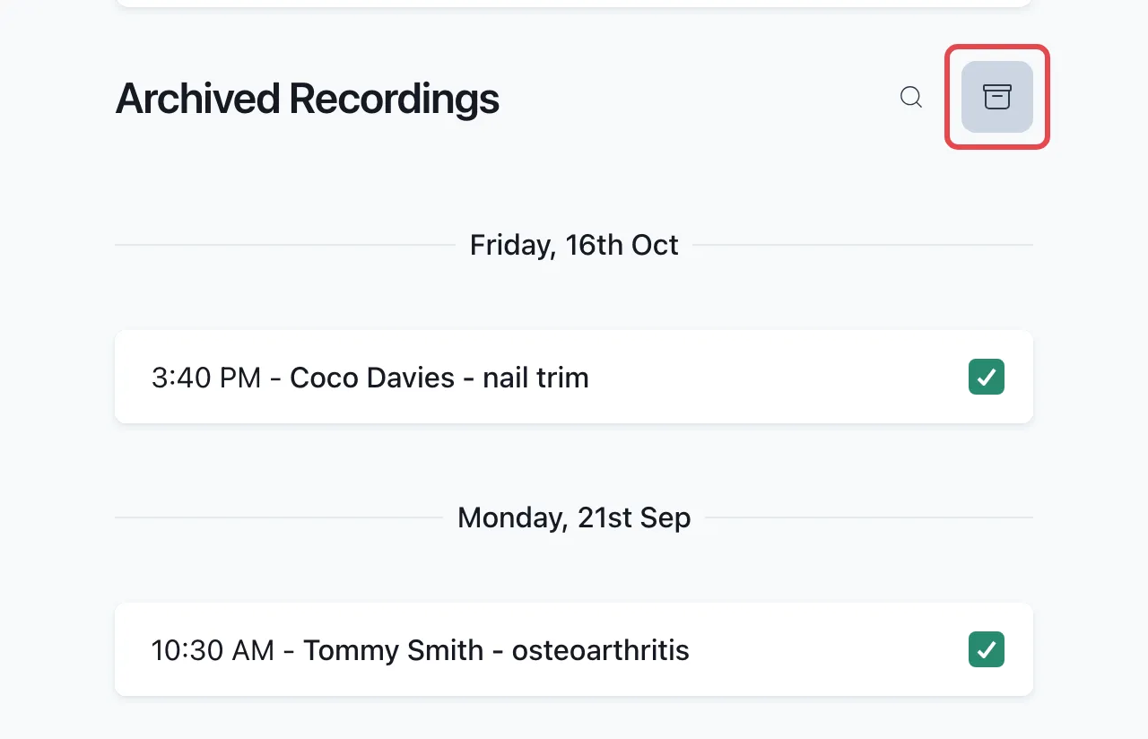 The Archived Recordings list with the archive button outlined in red