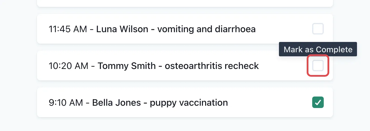 Three recordings in the list. The Mark as Complete box next to Tommy Smith - osteoarthritis recheck is outlined in red.